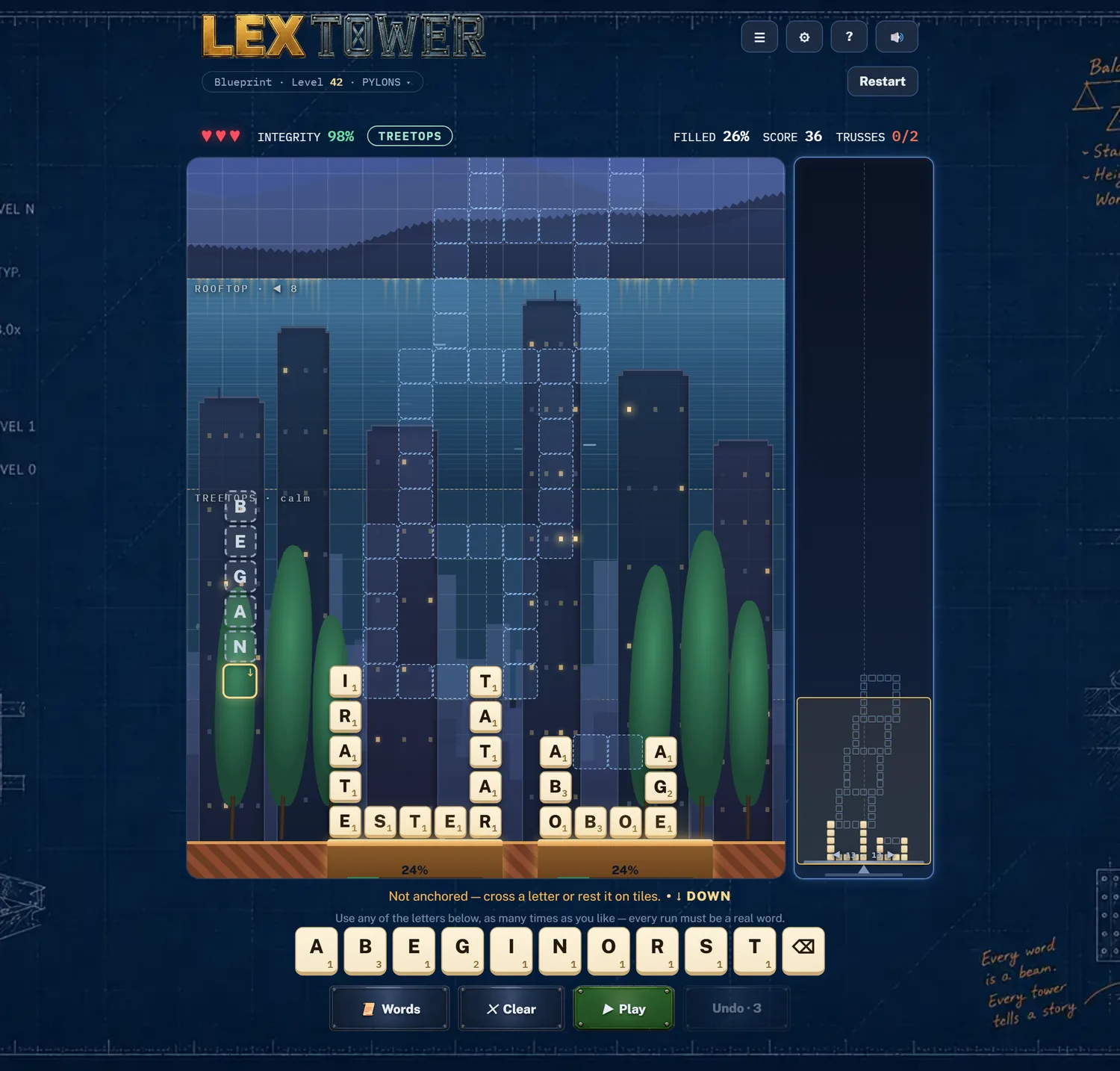 A word typed in mid-air showing dashed tiles and a plain-language refusal